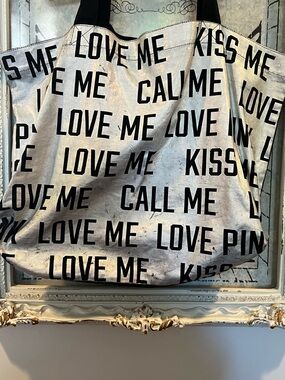 Silver Tote Bag with Black 'LOVE ME' ‘CALL ME’ ‘KISS ME’ Print